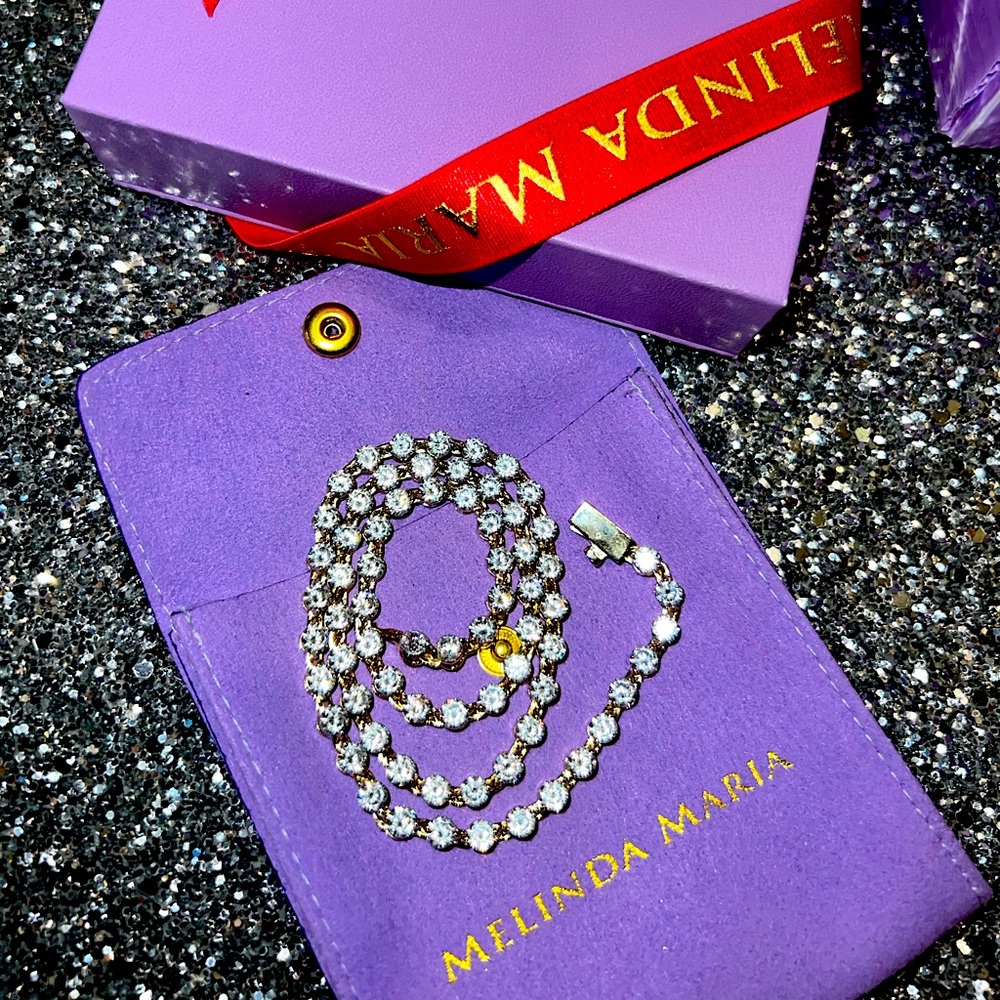 Melinda Maria She’s An Icon 16” GOLD Tennis Necklace new in box gift wrapped